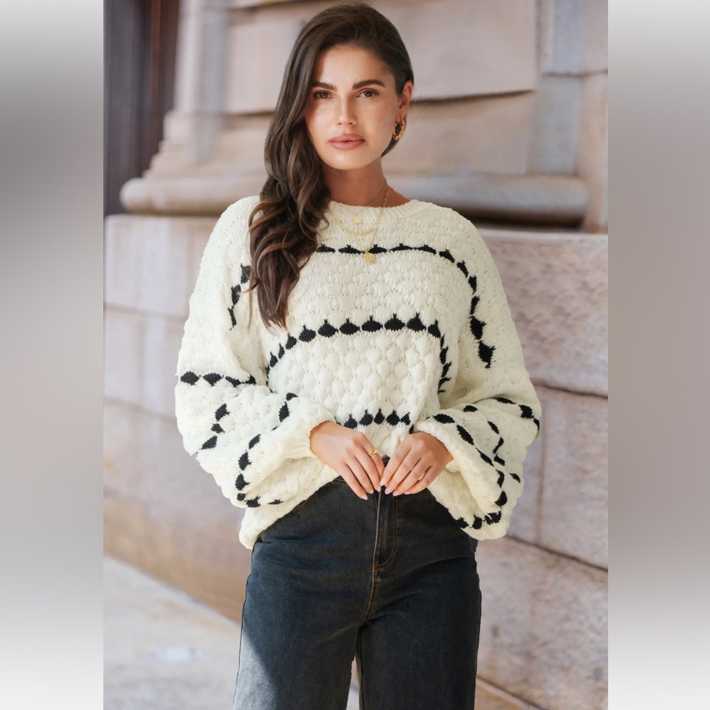 Cupshe White Striped Puff Sleeve White With Black Stripes Sweater